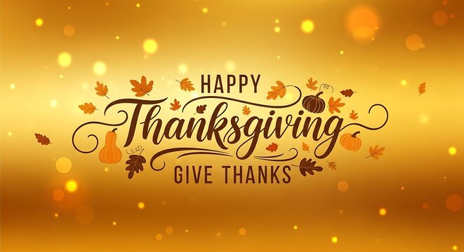 Happy Thanksgiving greeting card with autumn leaves and pumpkins on golden background