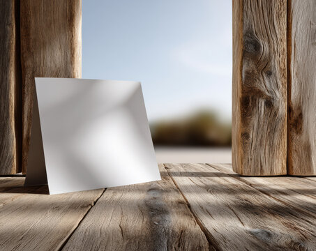Blank white paper wooden floor sunlight shadow rustic empty outdoor natural vertical mockup peaceful