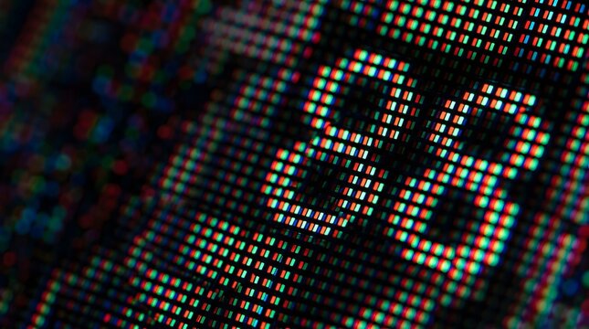 Close up of colorful subpixels forming numbers on screen