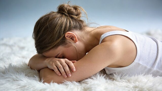 Sad young woman lying on soft white rug feeling depressed and lonely, expressing emotional pain, mental health issues, stress, anxiety, and need for comfort and psychological