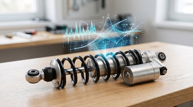 High performance racing coilover shock absorber with external reservoir showing real time hydraulic fluid pressure charts