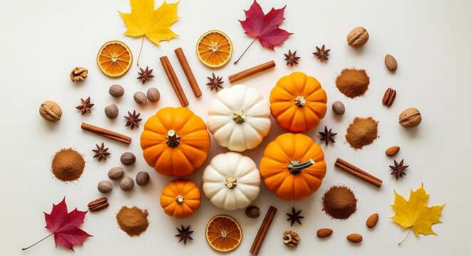 Pumpkins and nuts with leaves and spices on white surface for fall season decoration