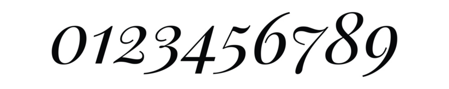 A Set of hand drawn numbers from 0 to 9, elegant beautiful calligraphic script font, decorative numerals number in black color style.  