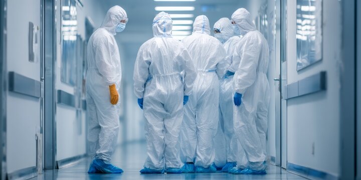 Medical team wearing protective suits discussing in hospital corridor
