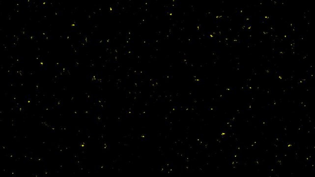 Golden particles floating across a dark background, creating a magical cosmic universe effect. Ideal for abstract motion graphics, fantasy visuals, space themes and cinematic projects.
