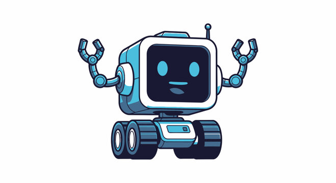 A blue robot with a square head and wrenches excitedly dancing forward
