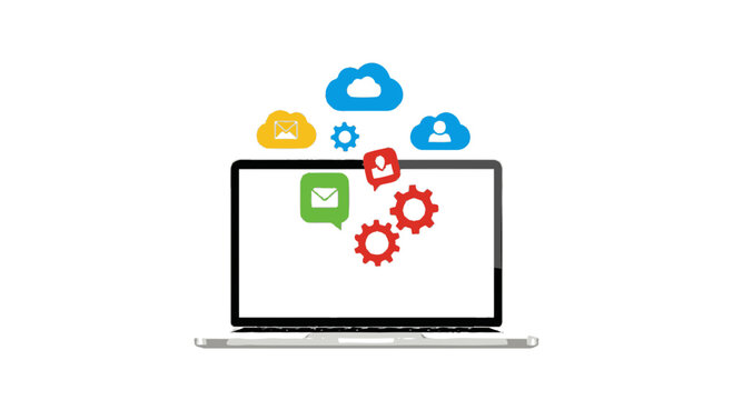 Laptop displays icons and gears on screen with various symbols floating above it