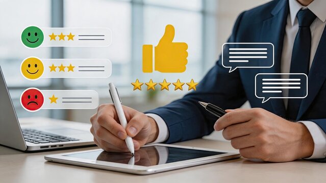 Businessman using tablet to write customer review or feedback survey. Concept of online rating system with stars, smiley faces and comment icons representing user experience,
