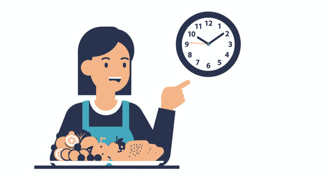 Woman points at clock with food and piglets on table inside