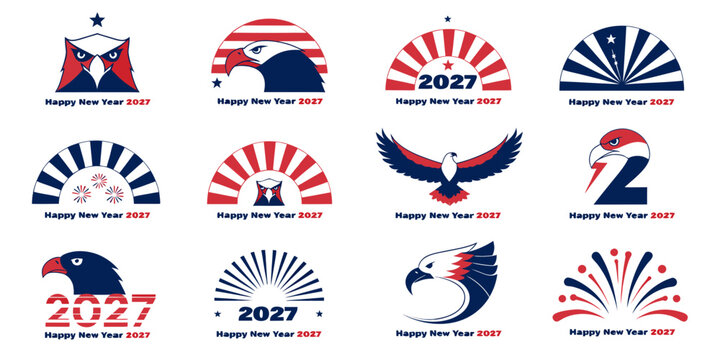 Set of circular happy new year 2027 patriotic logos featuring bald eagle profiles sunburst rays and abstract firework elements for holiday branding patriotic fireworks sunburst national