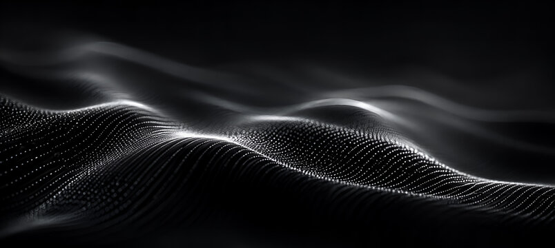 Abstract black and white digital wave background with glowing particles representing big data, soundwaves, and futuristic technology concepts
