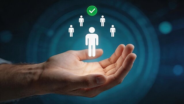 Hand holding virtual people icons with checkmark, human resources management concept, team selection and recruitment process, leadership and community support in digital abstract