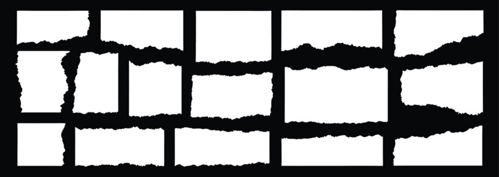 Torn paper collage strip set with ripped horizontal pieces and rough edges isolated on dark background for creative design and layering effects. Irregular textures add depth. Ideal for posters, banner