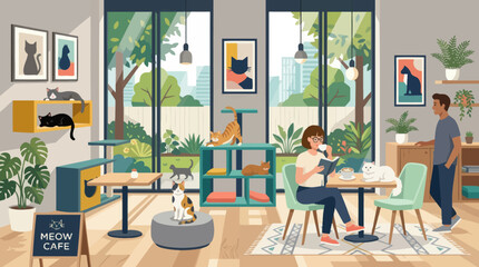 People and felines enjoy a relaxing time in a modern cafe environment © Deni