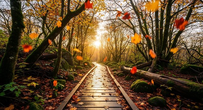 Wooden path way through autumn forest with falling leaves and sun light