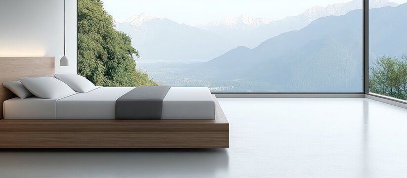 Mountain View Bedroom Minimalist bed, serene landscape