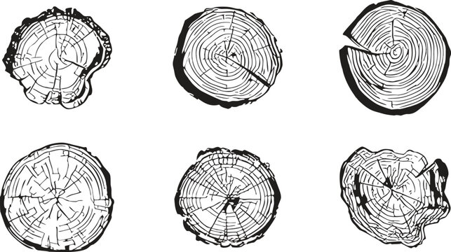Tree trunk cross section set with detailed wood rings, log slices and natural growth patterns for rustic design and forestry concepts. Hand drawn line style shows organic texture. Ideal for carpentry,