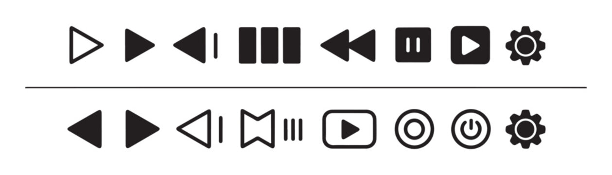 Flat design media playback buttons and interface elements with mirror effect on checkered background.