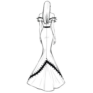 Elegant woman in evening gown fashion illustration of stylish lady in dress silhouette sketch art design of elegant dancer and model in beautiful clothing and wedding style fashion artwork
