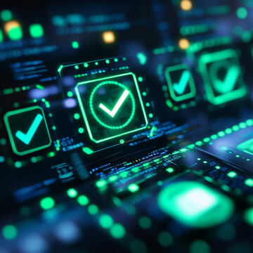 A close-up of a software development environment showing automated test results, with green checkmarks indicating successful tests.