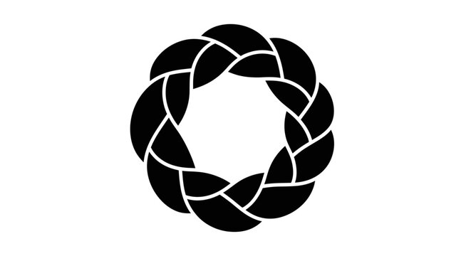 Black and white circular braided wreath or border design element.