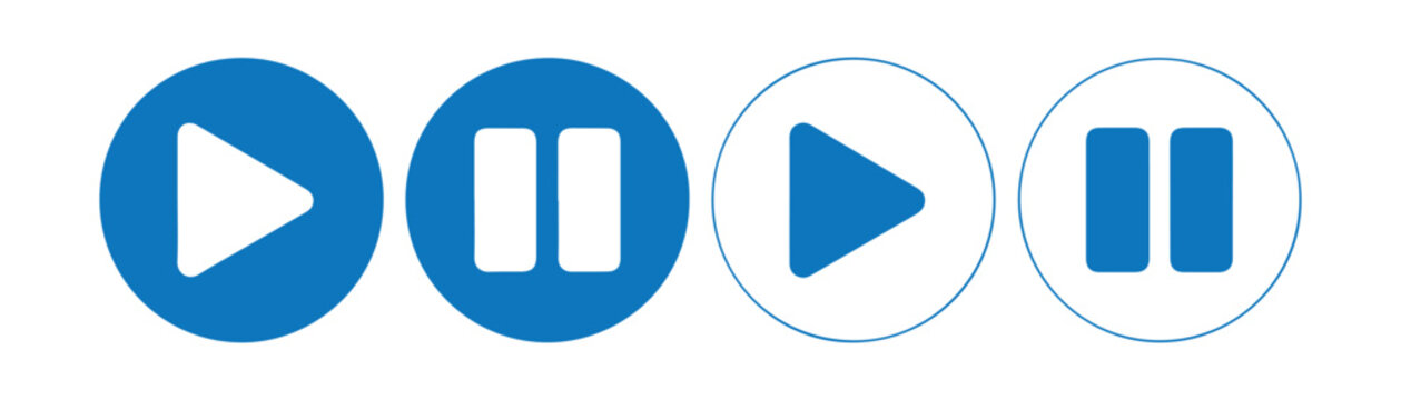 Blue circular media play and pause icons with plain and outlined versions on transparent background.