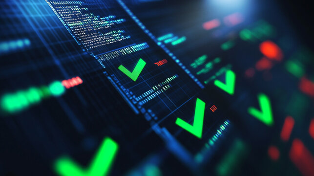 A close-up of a software development environment showing automated test results, with green checkmarks indicating successful tests.