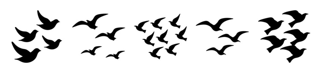 Obraz premium Black birds flying in formation patterns - Minimalist black silhouette birds flying in various formation styles and directions, ideal for nature, travel, or design projects.