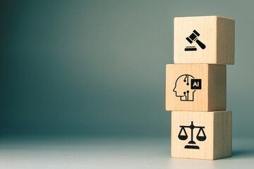 Naklejka na ściany i meble Wooden blocks showing law, artificial intelligence, and judicial enforcement, representing AI governance, regulation, compliance, accountability, ethics, and legal oversight