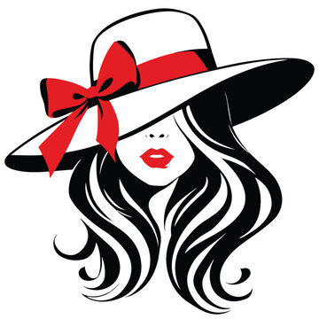 Elegant fashion vector illustration of a stylish woman portrait with beautiful face, elegant hairstyle, hat and flower, glamour beauty design artwork