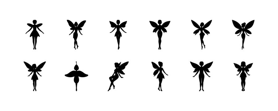 Black fairy characters in various poses - Set of twelve stylish black fairy illustrations in diverse dynamic poses, ideal for fantasy projects, storybooks, or digital art.
