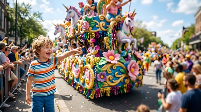 Happy young boy pointing at a fantasy unicorn float during a street parade