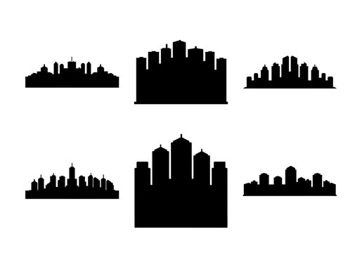 Modern black silhouette city skyline icons set - Six distinct stylized black silhouette icons depicting various city skyline compositions with a minimalist and modern design style.