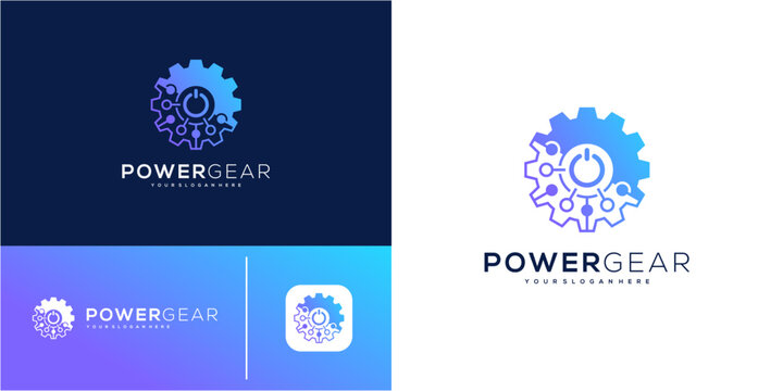 Power gear logo design template. Tech circuit cog and power switch button. Geometric abstract vector icon symbol. Purple blue gradient.