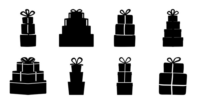 Eight black gift boxes with ribbons in two rows - A clean set of eight minimalist black gift boxes stacked in two rows of four, each adorned with decorative ribbons for festive or holiday use.