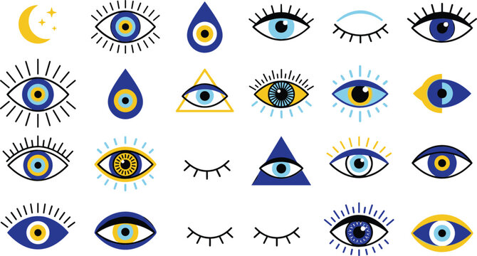 Evil Eye Protection Vector Icon Set with Mystical Nazar Amulet and Celestial symbols for Esoteric Spiritual Graphic Designs