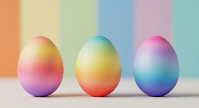 Three colorful easter eggs with rainbow gradient against a pastel background