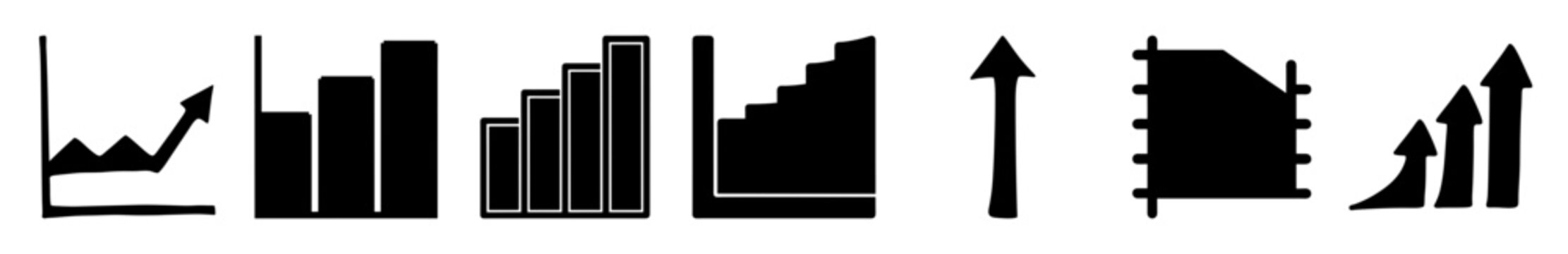 Growing bar chart icons with upward arrow and graph - Minimalist vector icons showing increasing bar charts, upward arrows, and a line graph for business and data growth concepts.