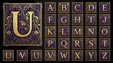 Ornate Alphabet Set A-Z, Decorative Golden Letters in Square Frames with Floral Flourishes, Vintage Typography Graphic Resource © Zanu