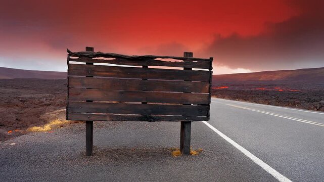 Empty wooden sign on volcanic road under dramatic red sky