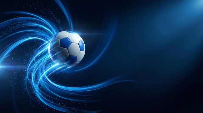 A soccer ball swirls with energetic blue lines in a dark space.