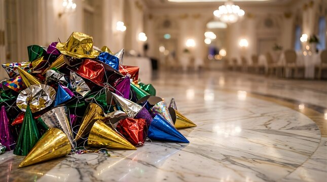 Pile of colorful party hats on a marble floor in a grand ballroom venue