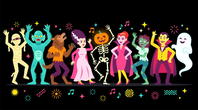 Flat Design Halloween Monsters Dancing Party, Mummy, Creature, Werewolf, Bride, Skeleton, Vampire, Zombie, Ghost, Festive Celebration
