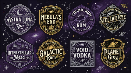 Collection of Vintage Flat Vector Liquor Label Designs with Space and Celestial Themes, Featuring Planets, Stars, Nebulas, and Constellations on a Dark Cosmic Background © fafa