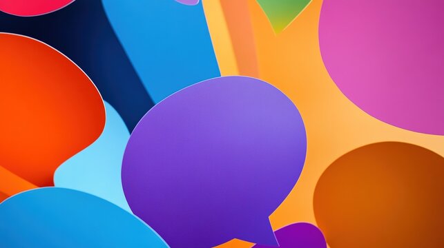 dialogue. Colorful speech bubbles floating in abstract space, representing diverse consumer opinions. pitch deck slides.