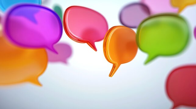 dialogue. Colorful speech bubbles floating in abstract space, representing diverse consumer opinions. pitch deck slides.