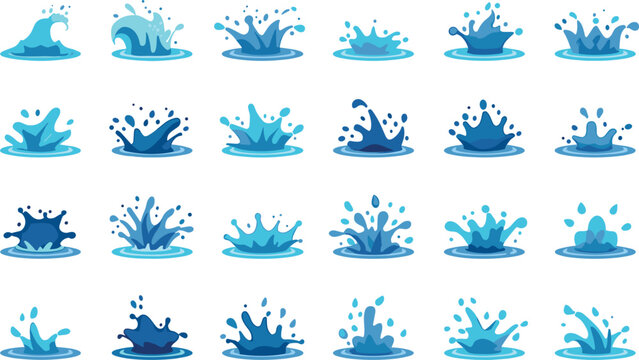 Water Splash and Wave Vector Icon Set with Blue Liquid Drops and Crown Ripples for Beverage, Cleanliness, and Nature Logo Graphic Layouts