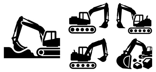 Excavator silhouette icon set, heavy machinery for construction and digging © Rani