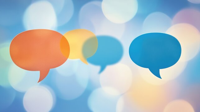dialogue. Colorful speech bubbles floating in abstract space, representing diverse consumer opinions. pitch deck slides.