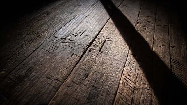 markings. Dark narrow wooden ship interior with carved markings and a beam of light. mobility guides, transit brochures, designed for transport & logistics marketing, used by bi analysts.